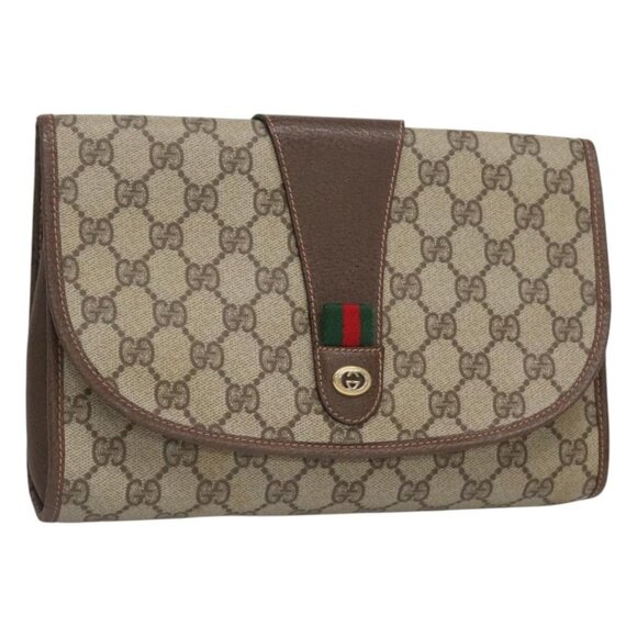 GUCCI GG Supreme Web Sherry Line Clutch Bag PVC Beige Red 156 01 030 Auth 121114 - Picture 1 of 16